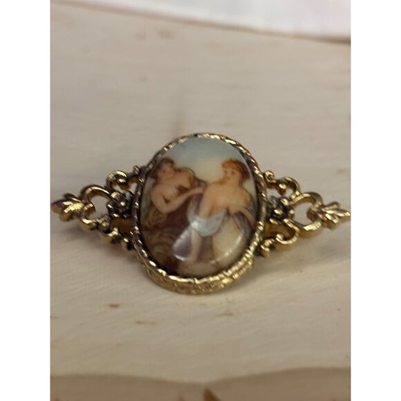 Vintage Porcelain Brooch Gilded Nude Maidens, Rococo Revival Pin Ornate Gold Ton - Picture 1 of 11